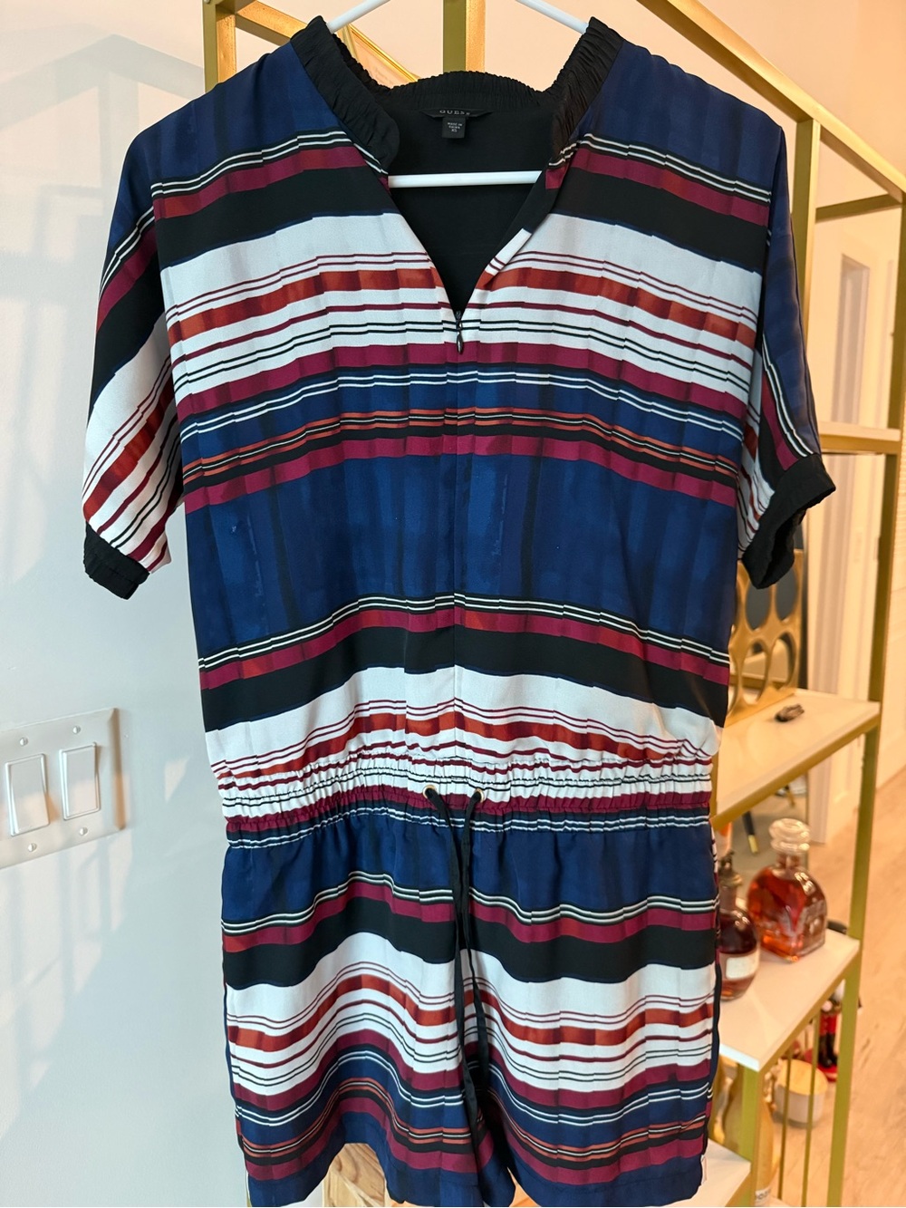 Guess Striped Short Sleeve Romper in Navy, White & Burgundy - Picture 3 of 7